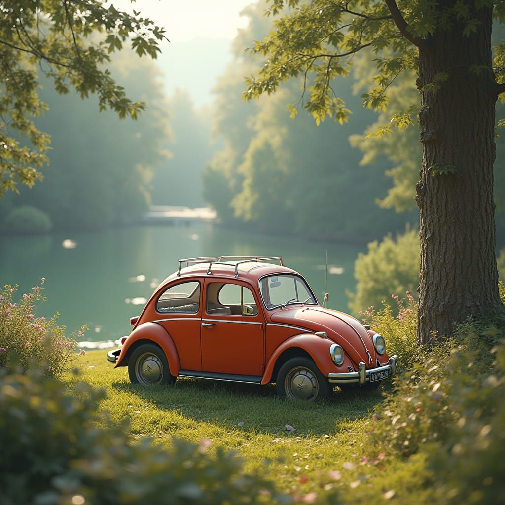 Black-haired Beauty by a Lake, Photorealistic 3D Art