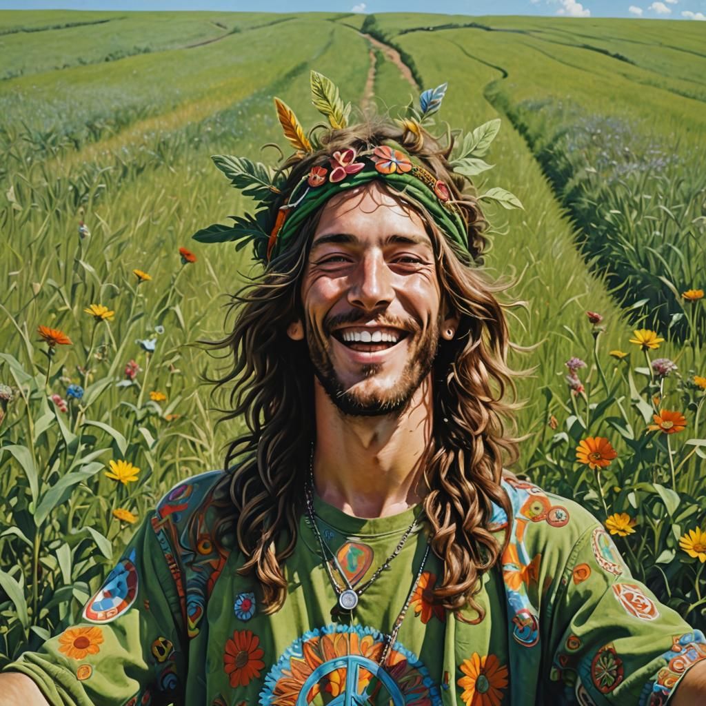 Happy Hippy Man in Field with Peace Symbol