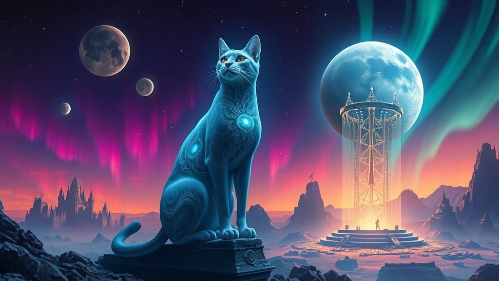 Majestic Cat-God Watches Over Futuristic Planet