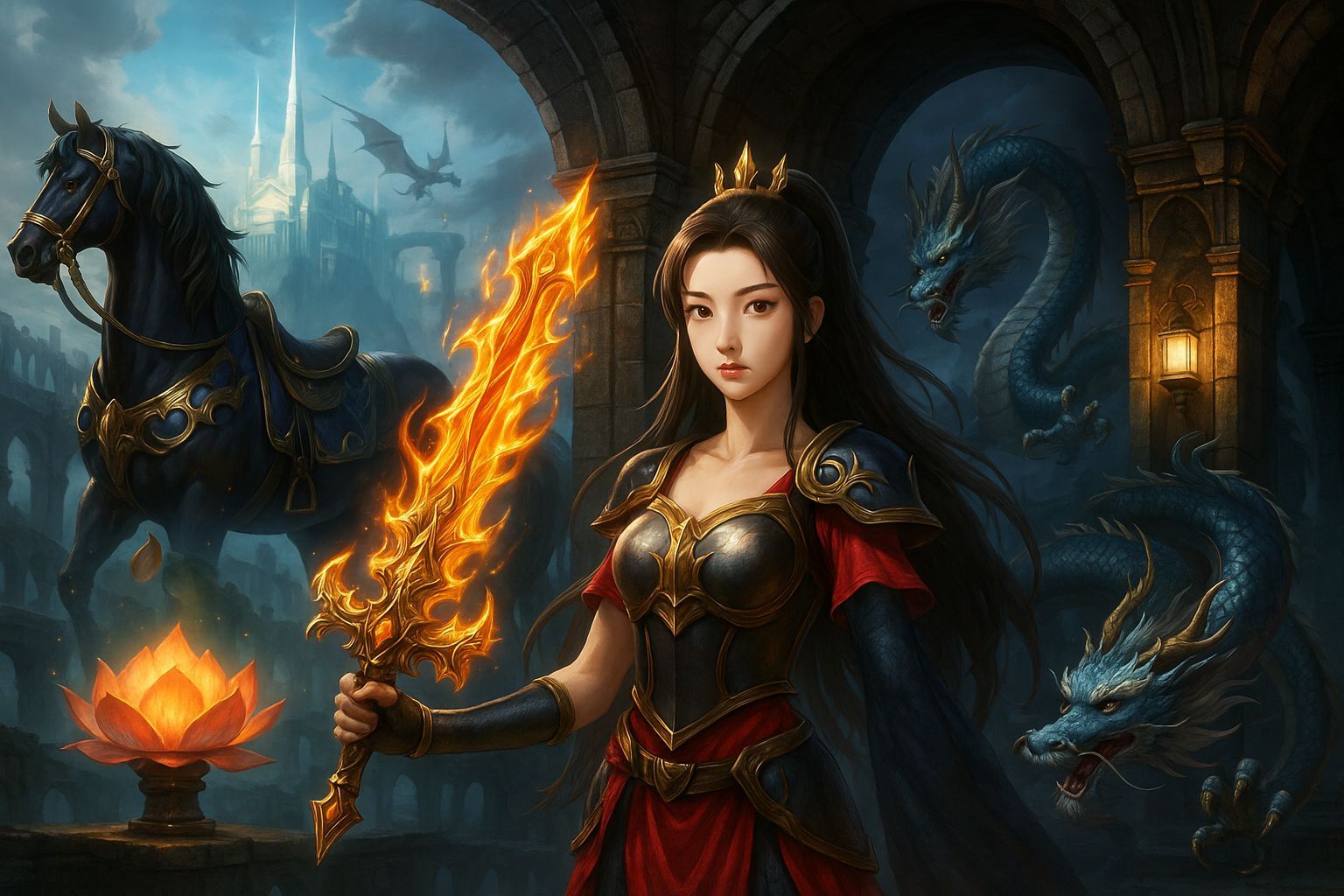 Anime-Inspired Collage of a Warrior Maiden with Magical Crea...