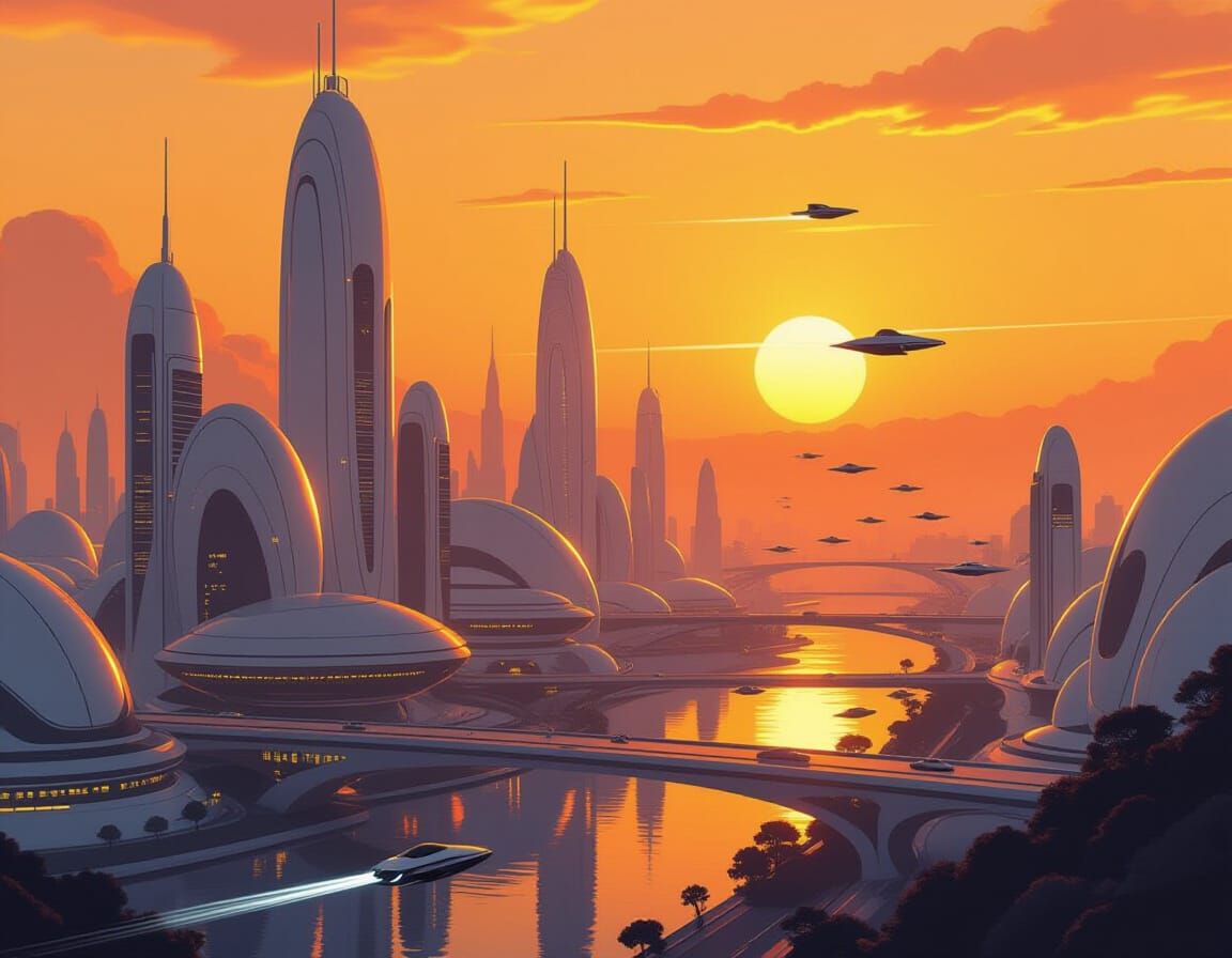 Retro-Utopian Cityscape at Dawn with Flying Vehicles