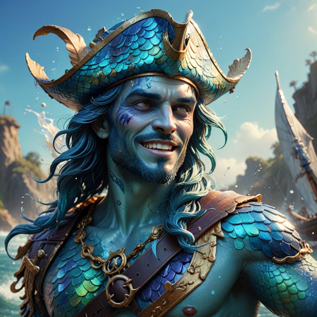 Vibrant Pirate Merman Portrait in Comic Book Style