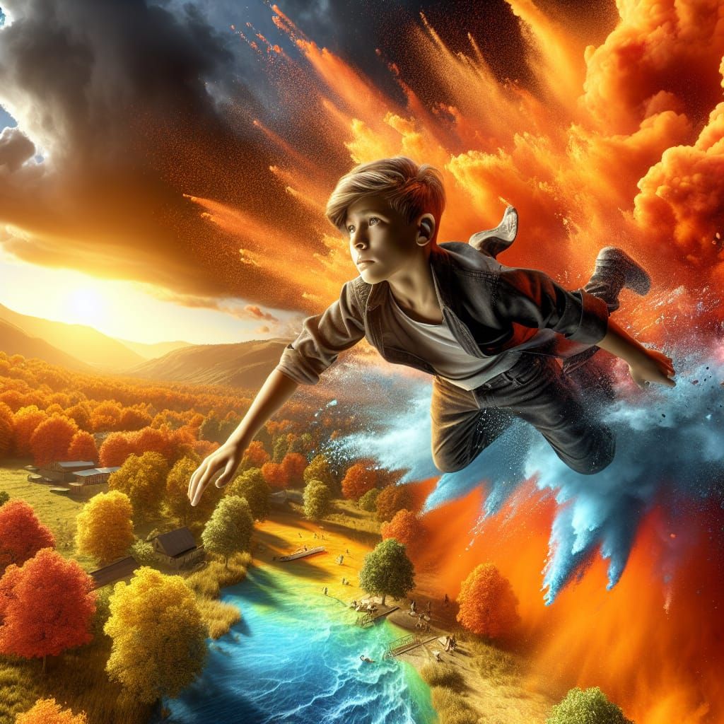 Boy Descending Through Cloud into Autumn Landscape