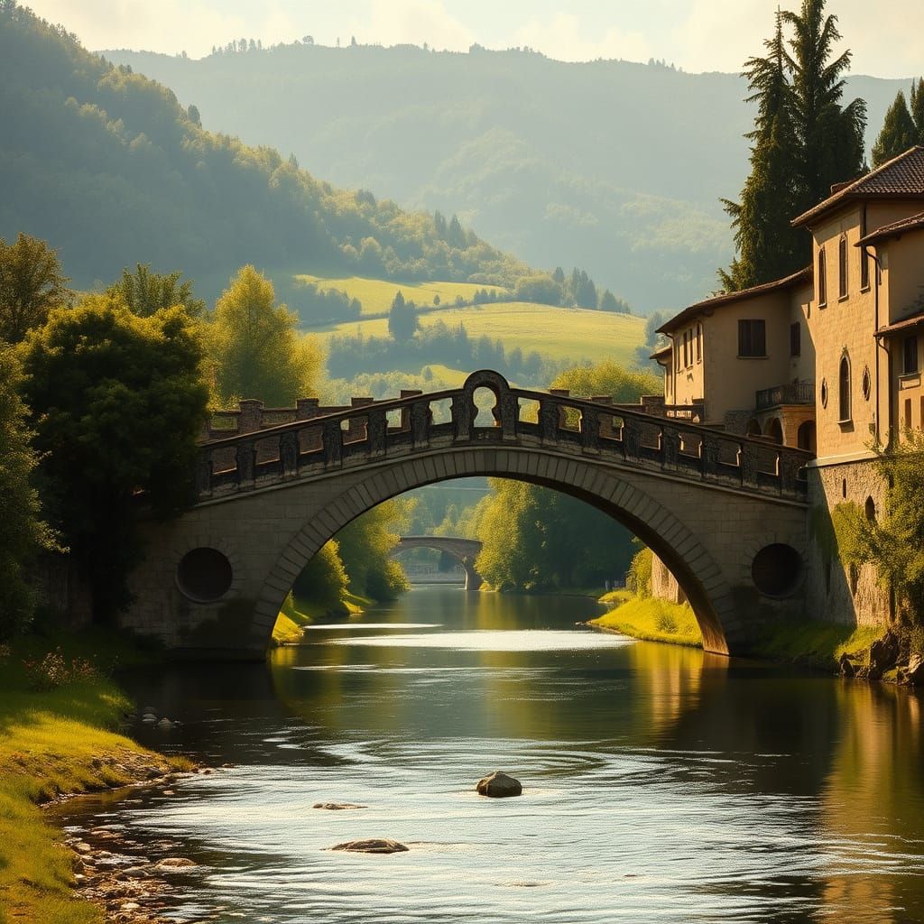 Mystical Medieval Bridge Over Serene River in Tuscany