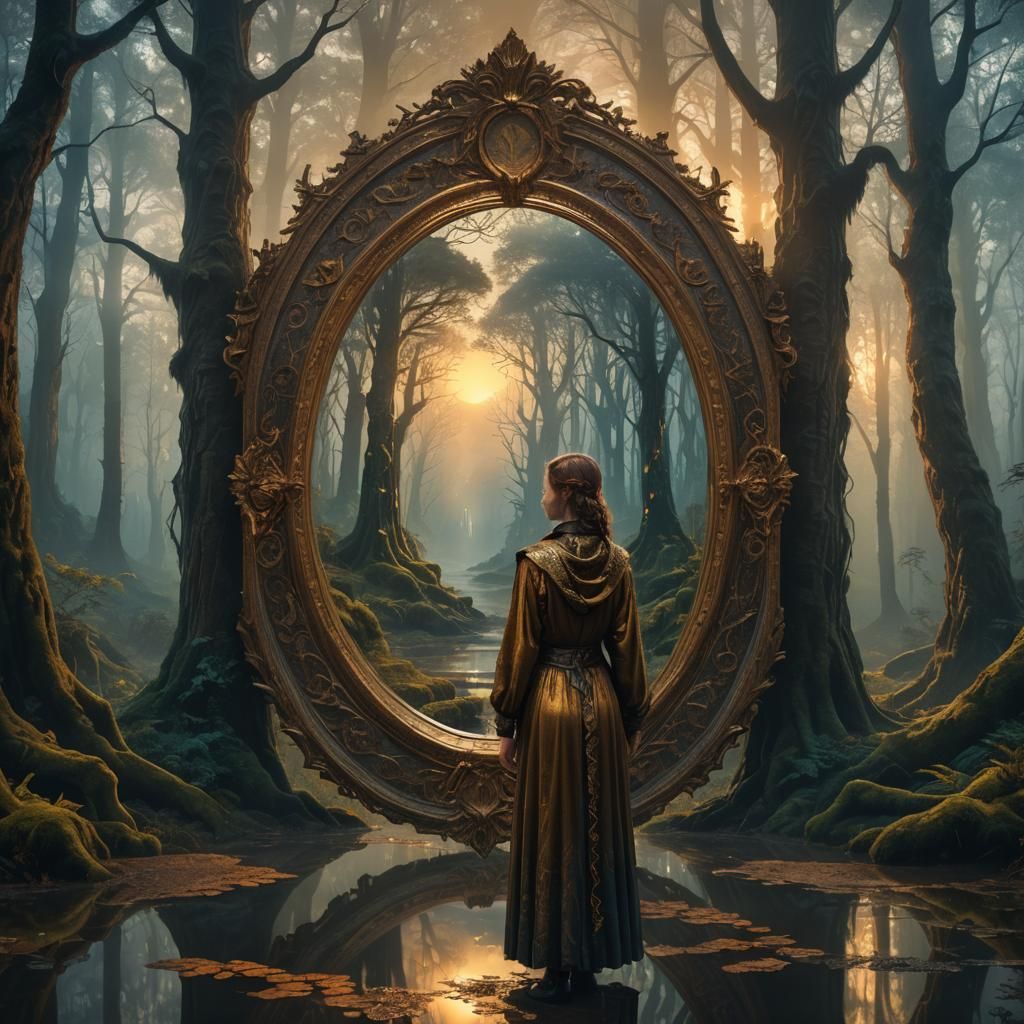 Mystical Woman in Forest Mirror: Scifi Matte Painting