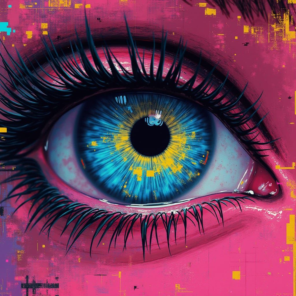 Cybernetic Woman Peeks Through Glitch Screen