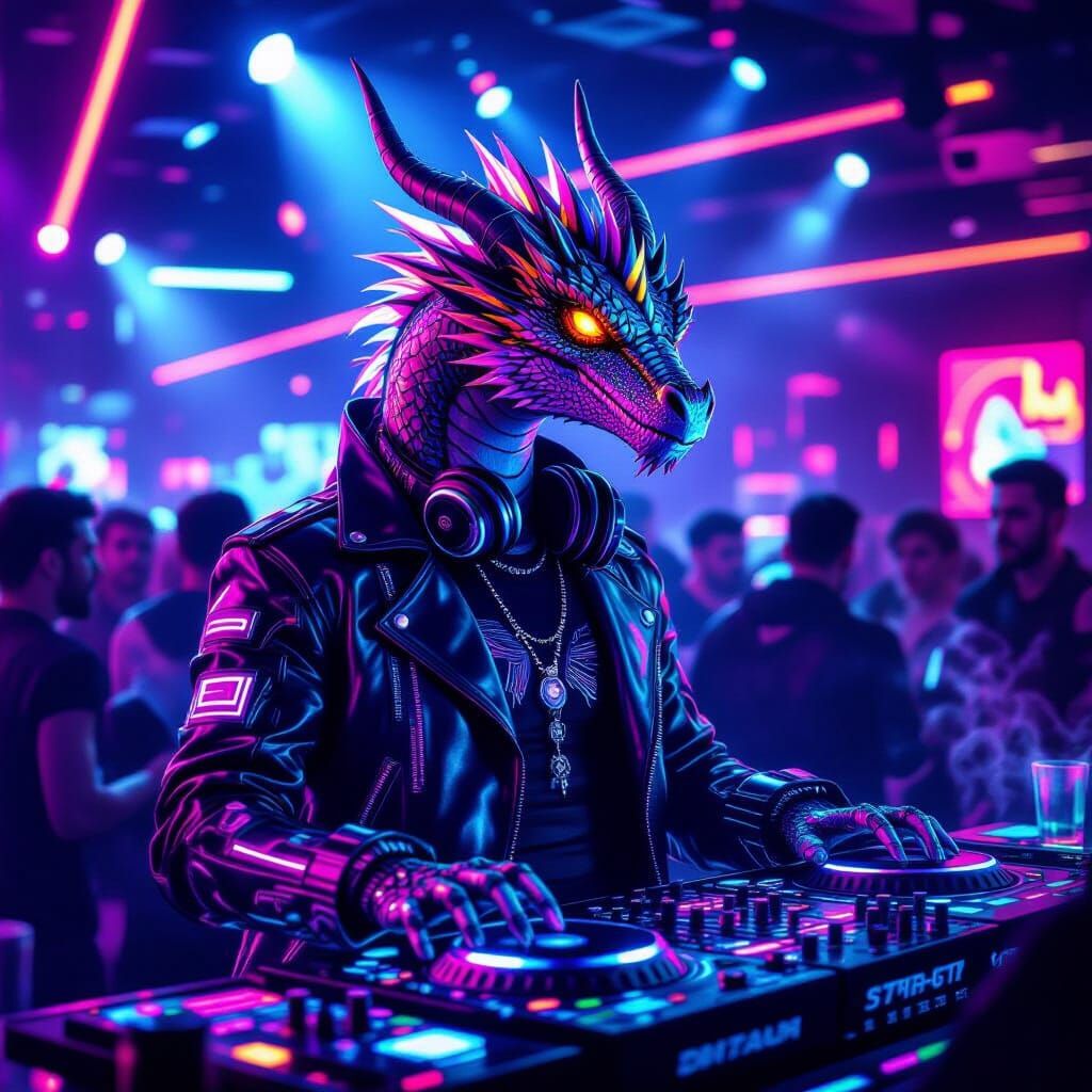 Cyberpunk Dragon DJ in Neon Nightclub