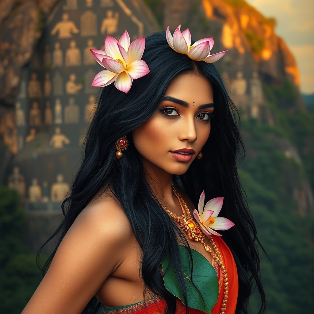 Sri Lankan Woman Adorned with Lotus Flowers Portrait
