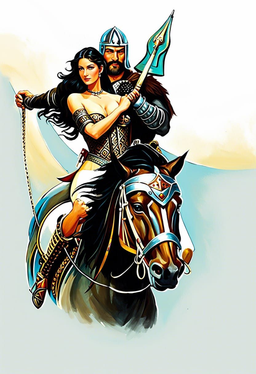 Viking Warrior and Woman on Horseback in Oil Paint