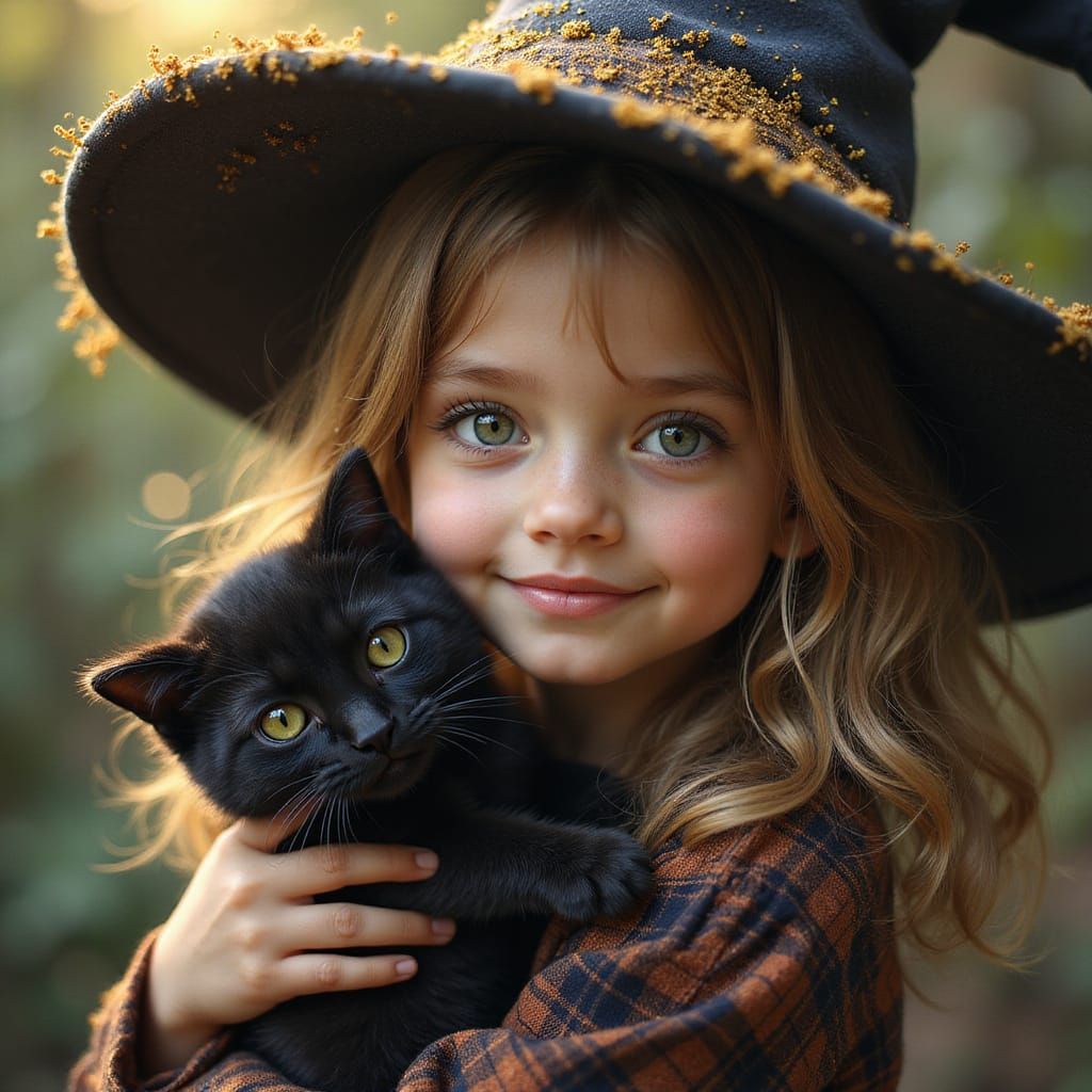 Witch Girl Cradles Black Cat in Fine Art Painting