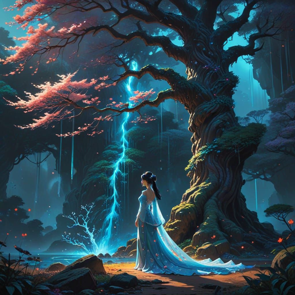 Regal Asian Princess in Bioluminescent Forest