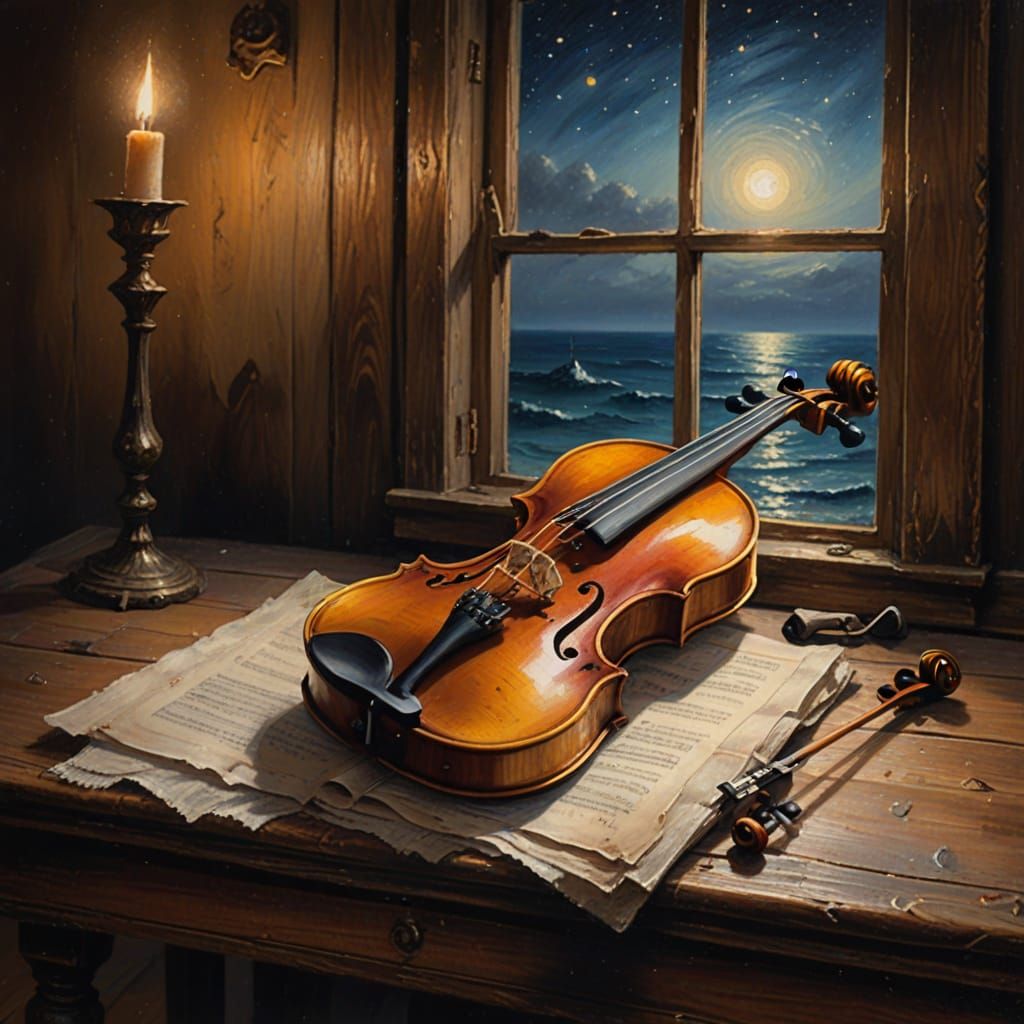 Antique Violin by Moonlight Oil Painting