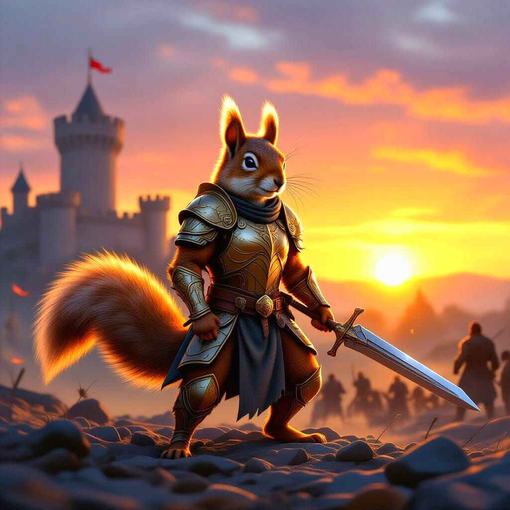 Squirrel Warrior Triumphs on Battlefield at Sunrise