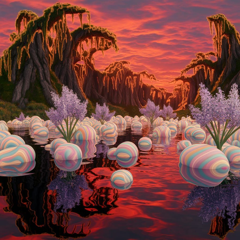 candy swamp 

dark water 

grey lilacs 

fantasy 

surreal