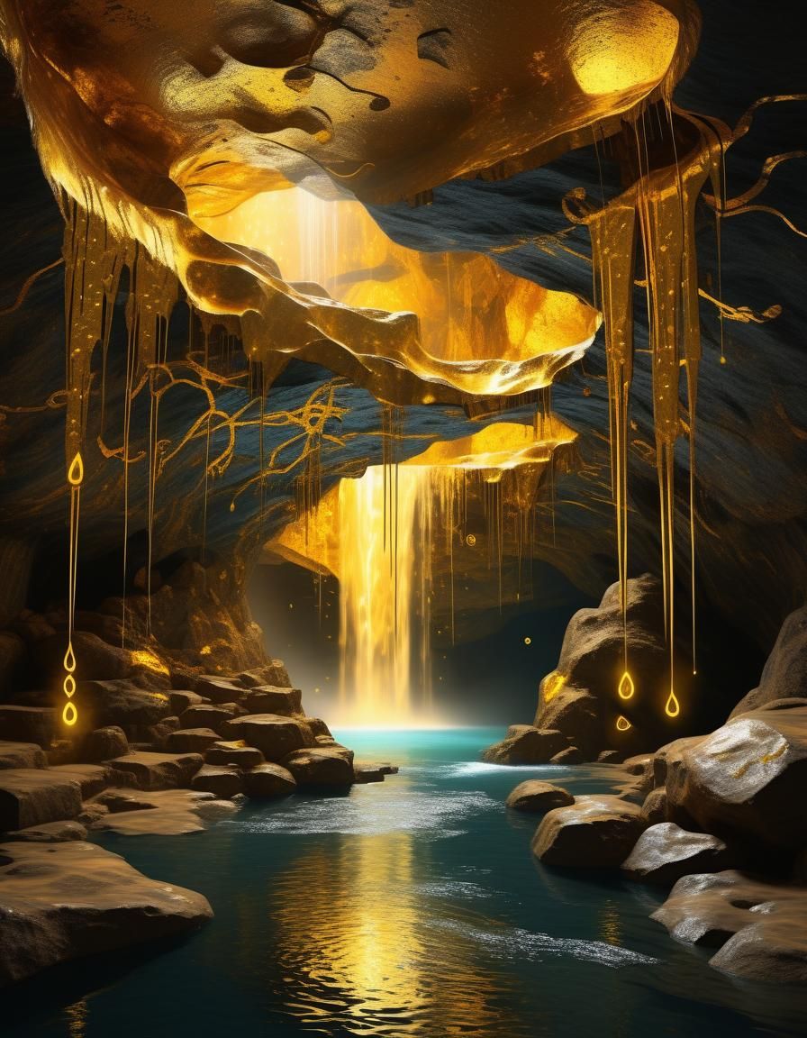 Fantasy Cave with Liquid Gold Waterfalls