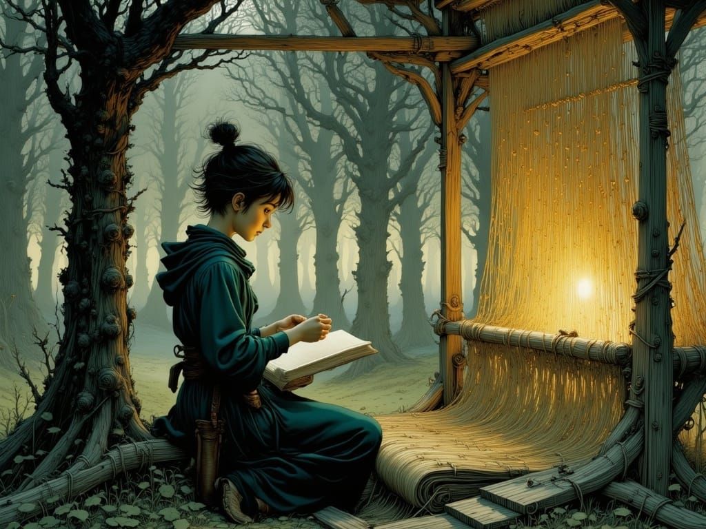 Weaver at Loom Creating Dreams in Golden Age Style