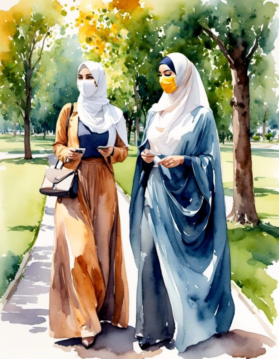 Two Hijabi Women Chatting in a Park