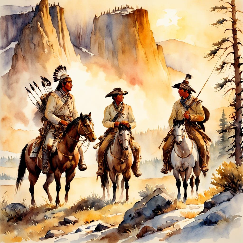 Pioneers Encounter Native Americans in a Golden Hour Waterco...