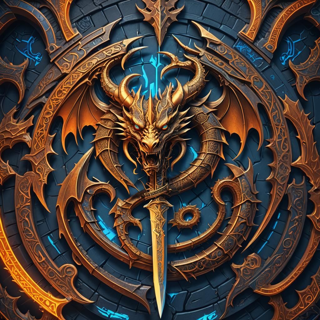 Intricate Dragon and Sword Logo in Metallic Design
