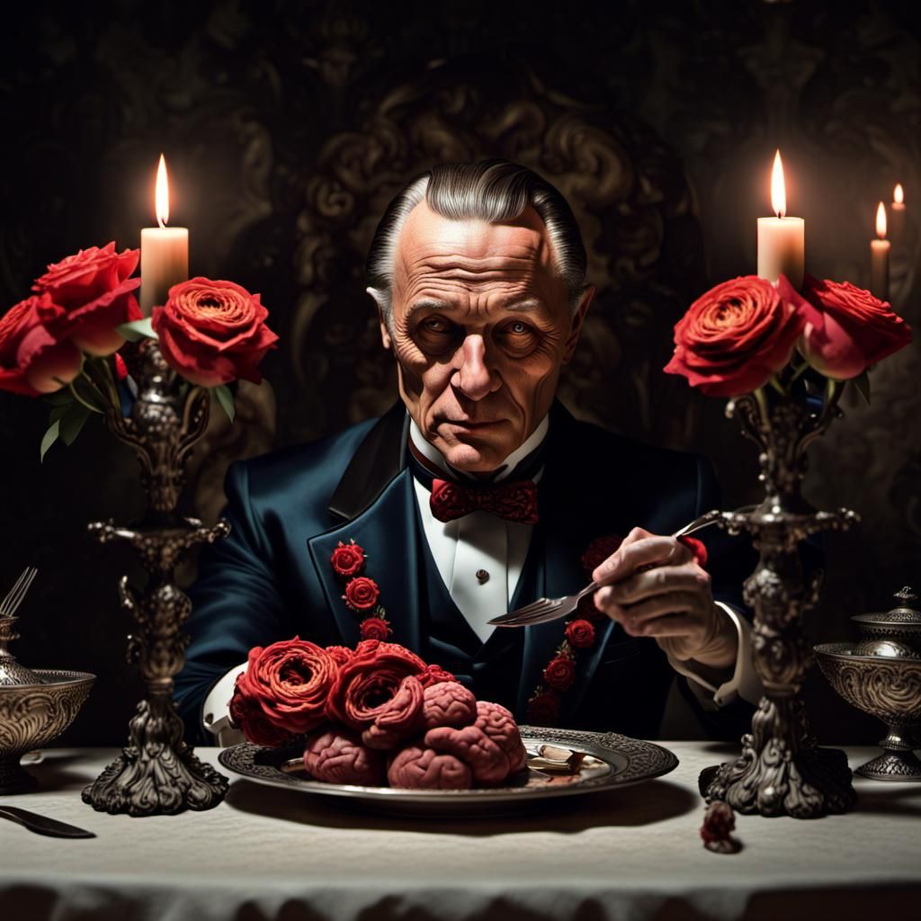 Hannibal Lecter enjoying his meal in candlelight
