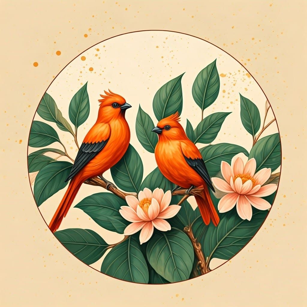 Vibrant Orange Birds Amidst Pink Flowers on Parchment