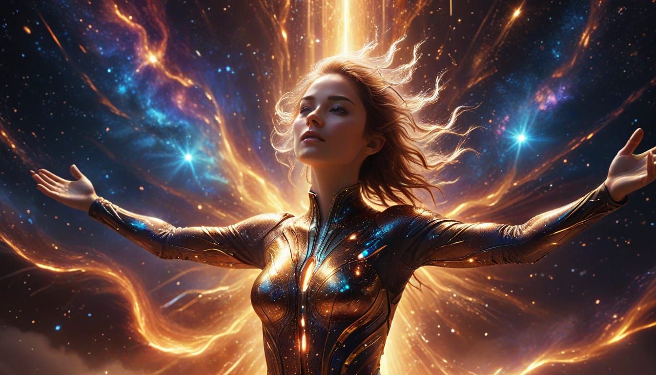 Ethereal Cosmic Goddess Ascends Amidst Vibrant Swirling Vort...