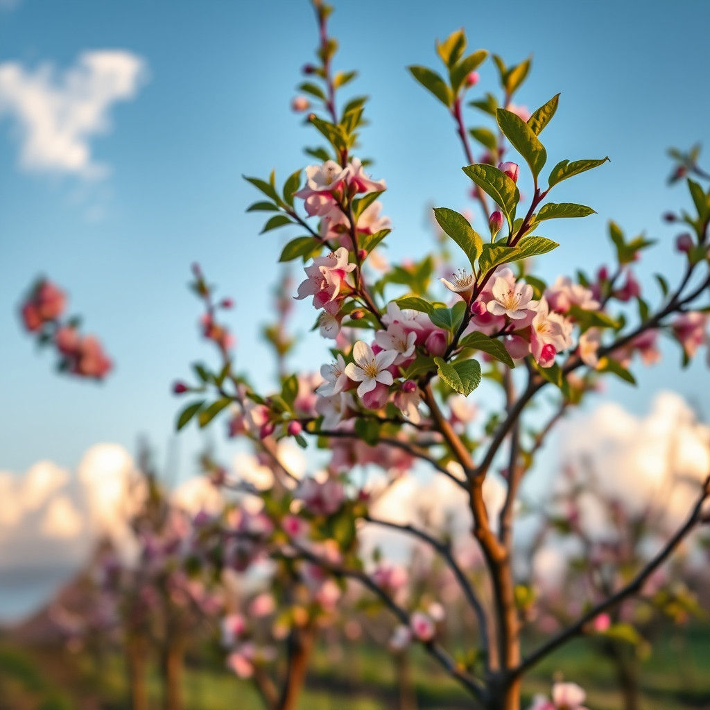 Apple Orchard in Bloom at Golden Hour