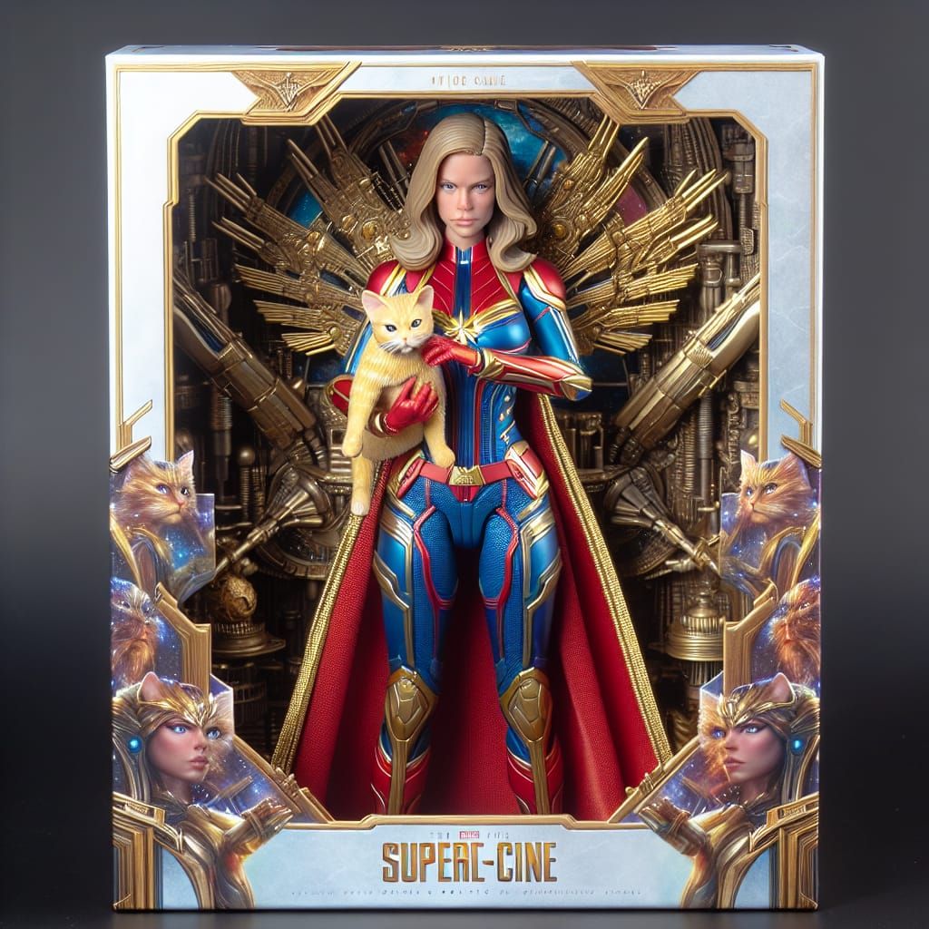 Superheroine Action Figure Holding Cat in Spaceship Package