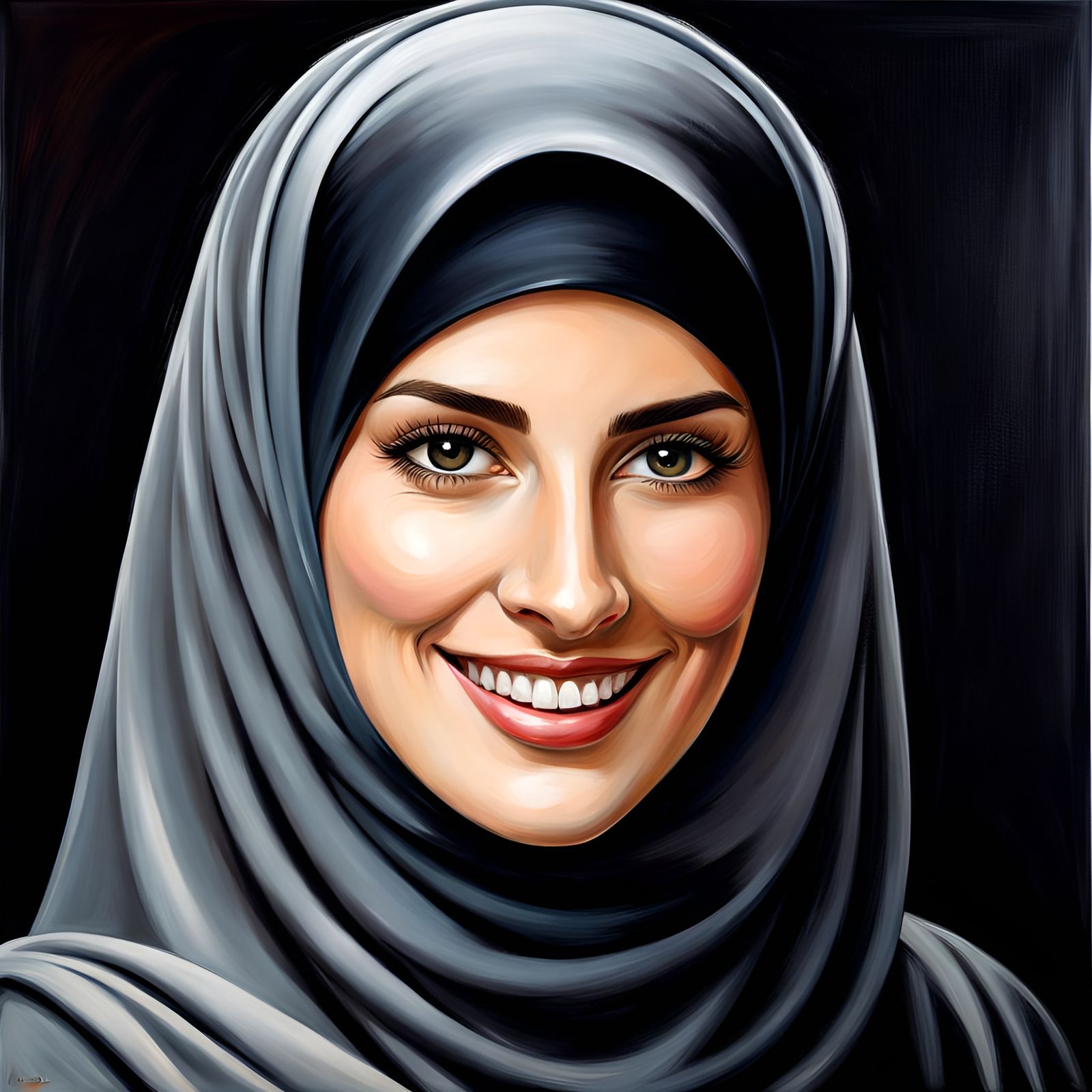 Elegant Smiling Woman in Niqab as Oil Painting
