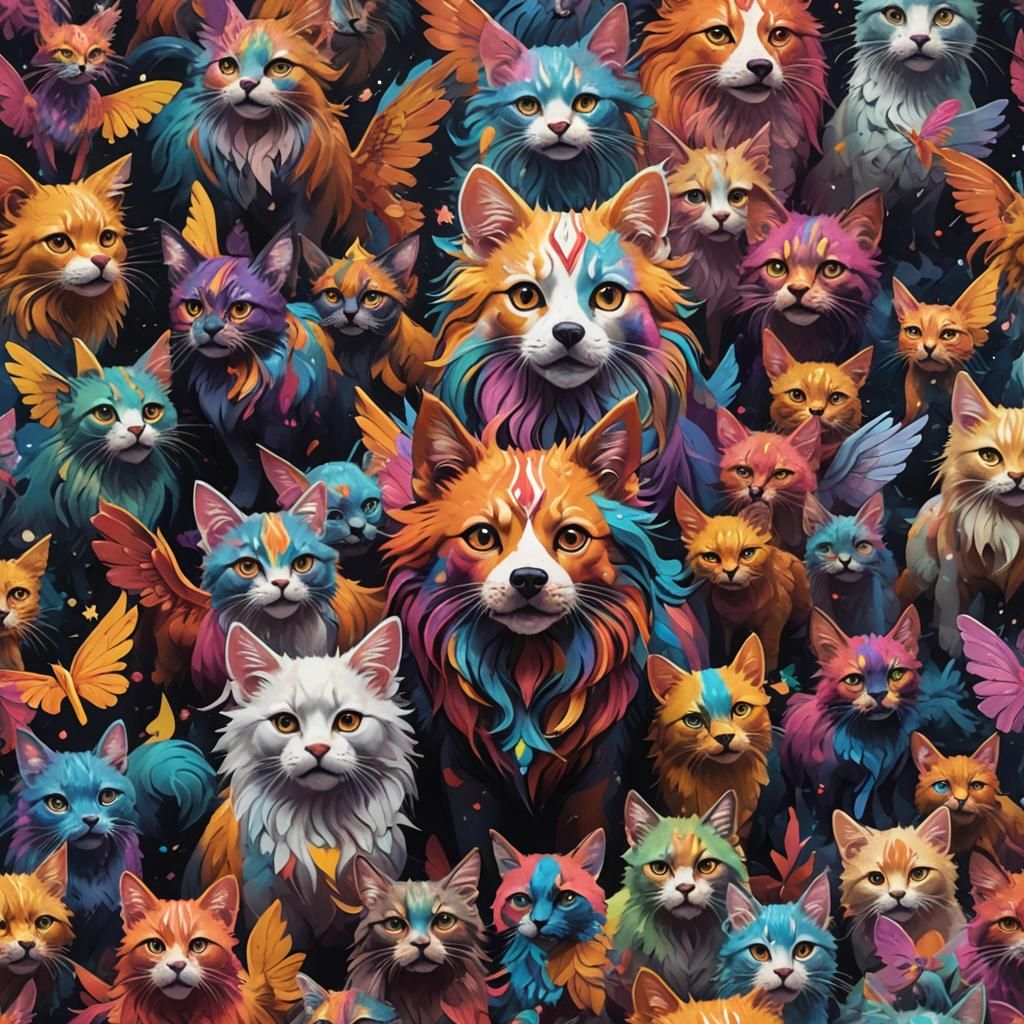 Colorful Cat-Dog-Alicorn Hybrid in Detailed Digital Painting