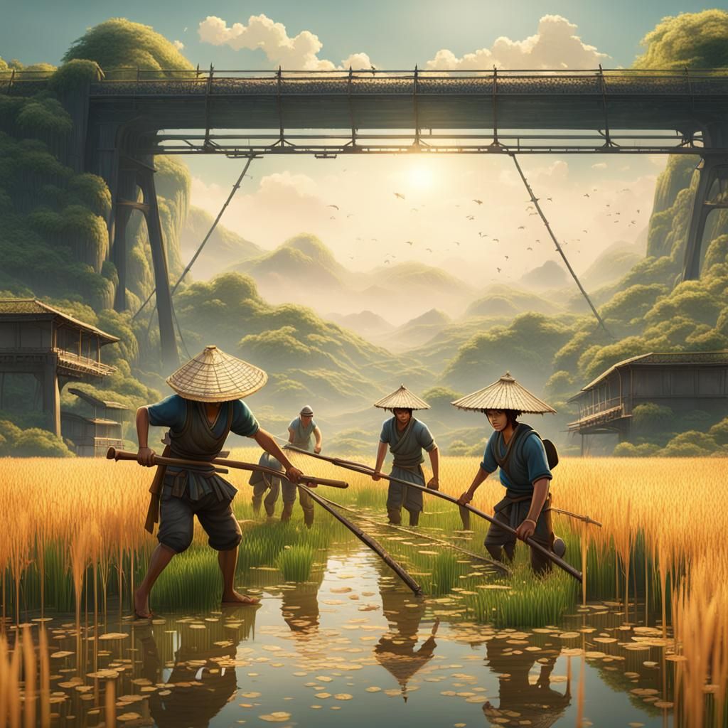 Japanese Rice Field Workers: Detailed Matte Painting