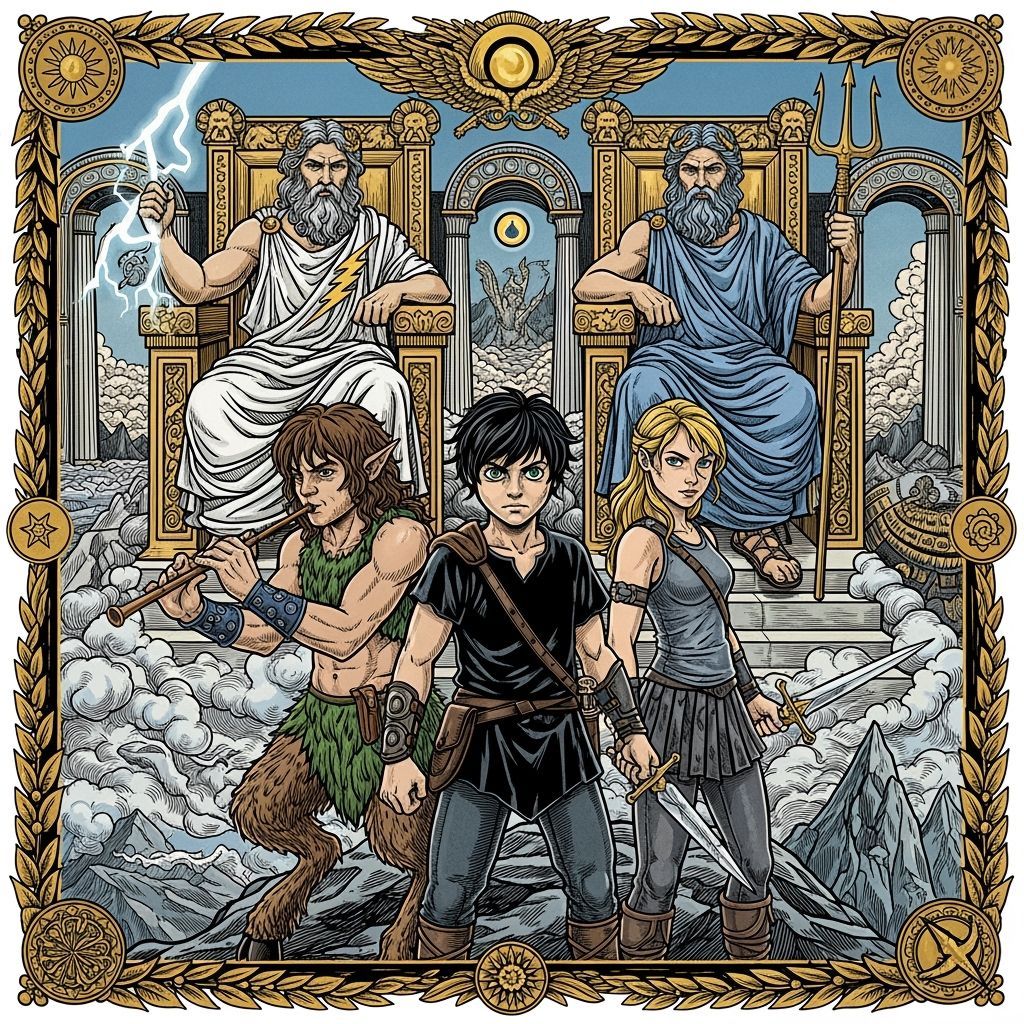 Percy Jackson Tarot Card in Woodcut Style
