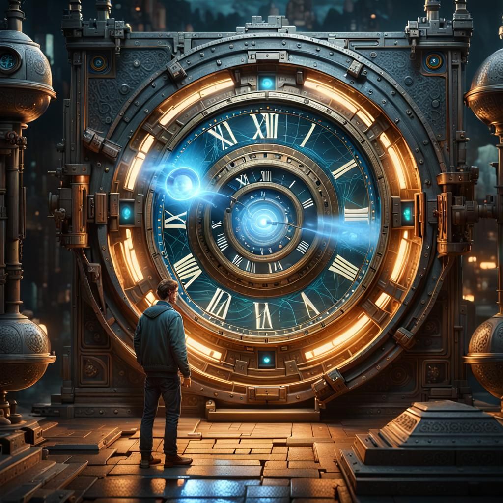 Man and Time Machine in Dark Fantasy Style