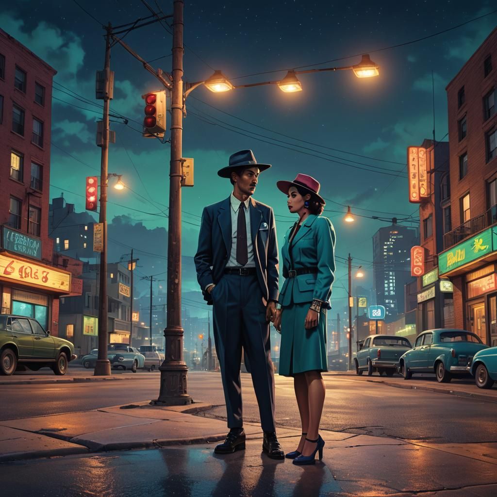 Zoot Suiter and Woman in Cityscape, Digital Matte Painting