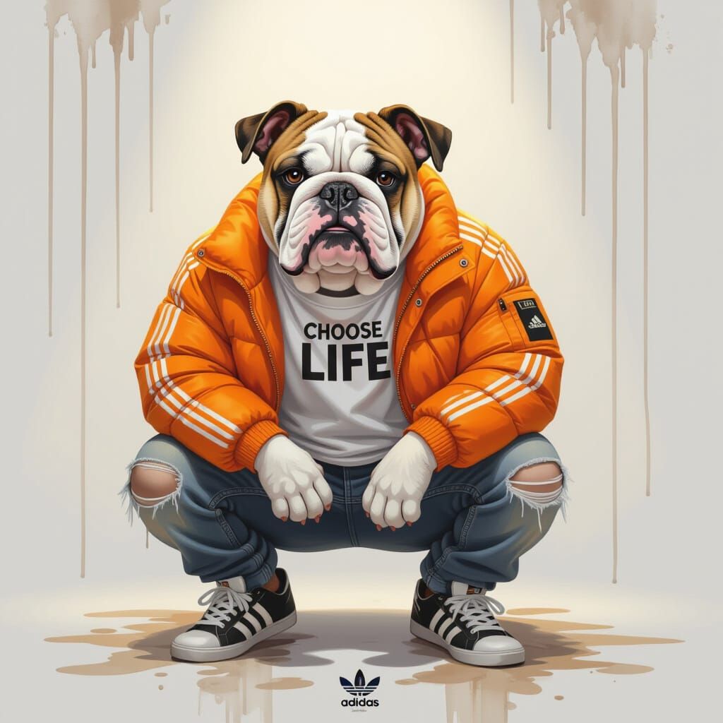 Anthropomorphic Bulldog in Adidas Jacket, Digital Painting