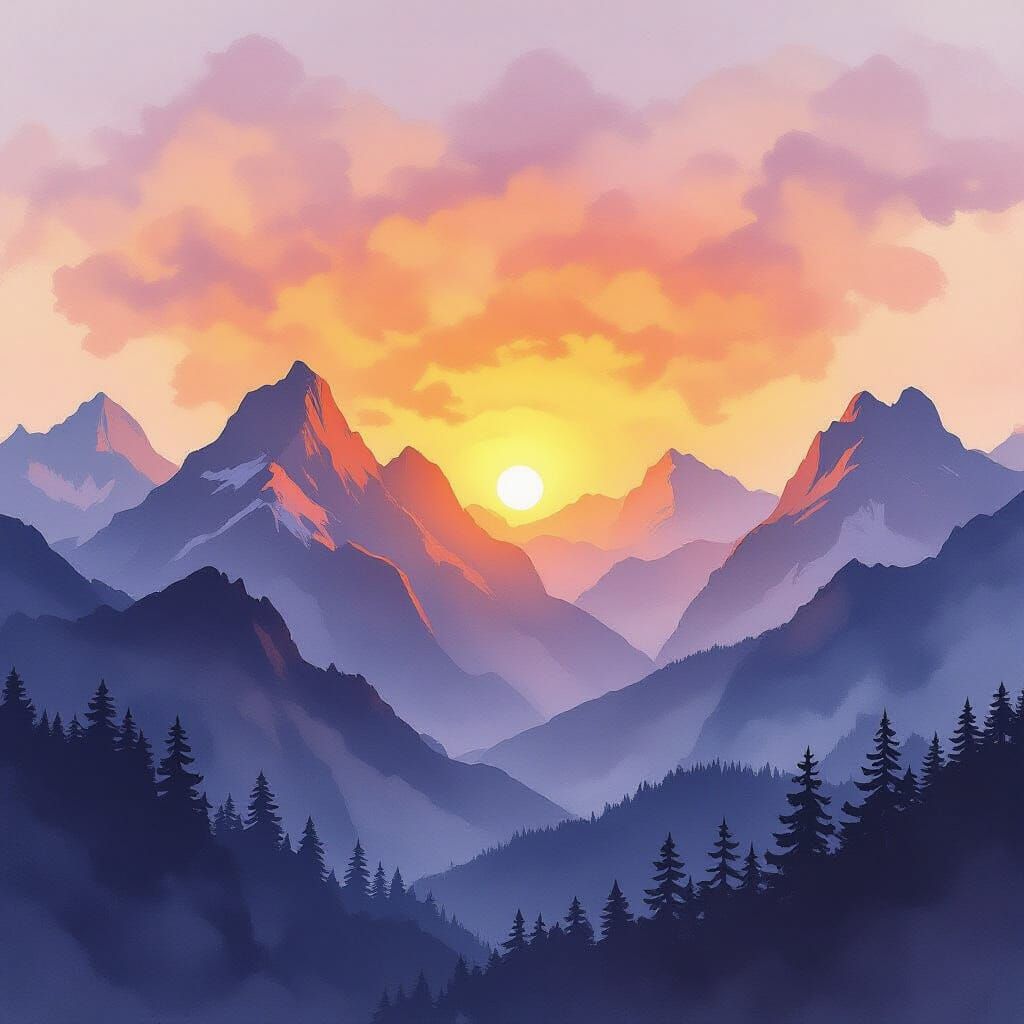 Majestic Mountain Dawn with Ascending Sunbeams