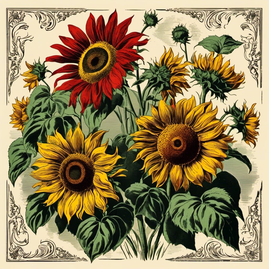 Vintage Sunflower Advertisement Illustration in Digital Clip...