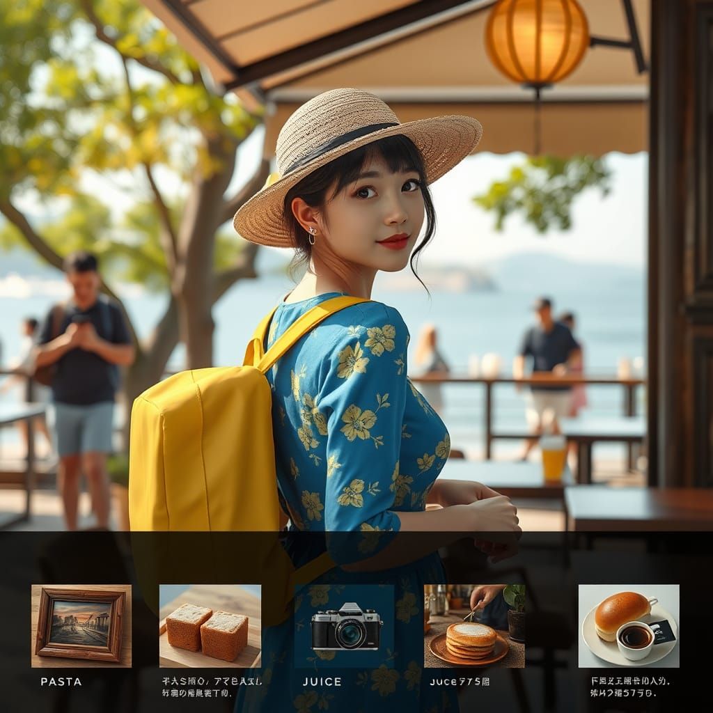 Seaside Coffee Shop With Girl in Matte Painting Style