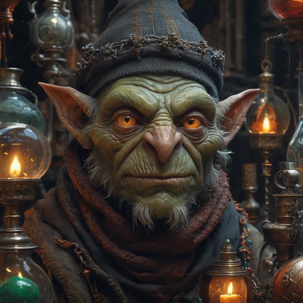 Goblin Alchemist Portrait in Oil Painting Style