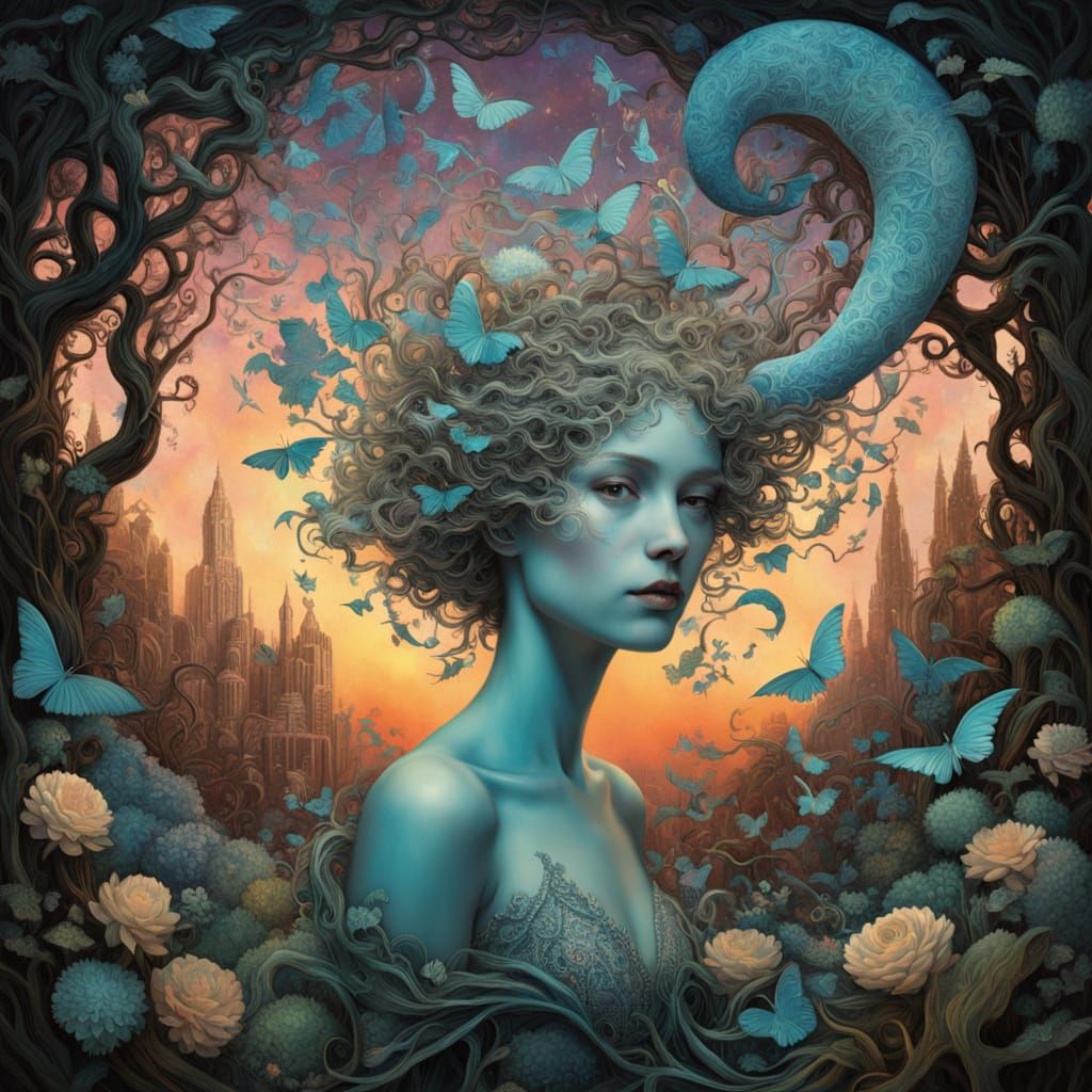 Surrealistic Mystical Landscape with Falling Angels and Whim...