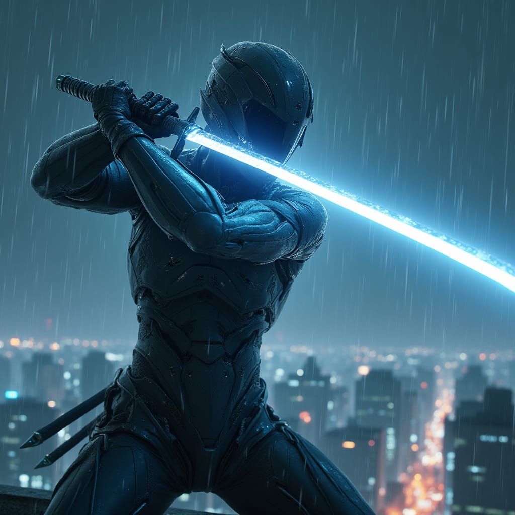 Cyborg Ninja Raiden in Cinematic Sword Stance, Anime Style