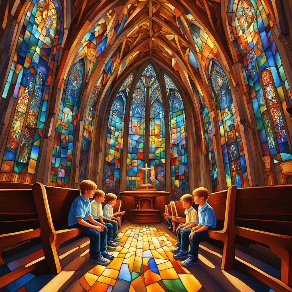 Surreal Church Scene with Boys, Hyper-Realistic Digital Art