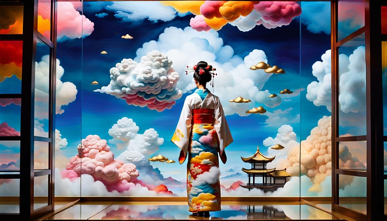 Geisha in Cloud Museum: Surreal Dreamscape Oil Painting