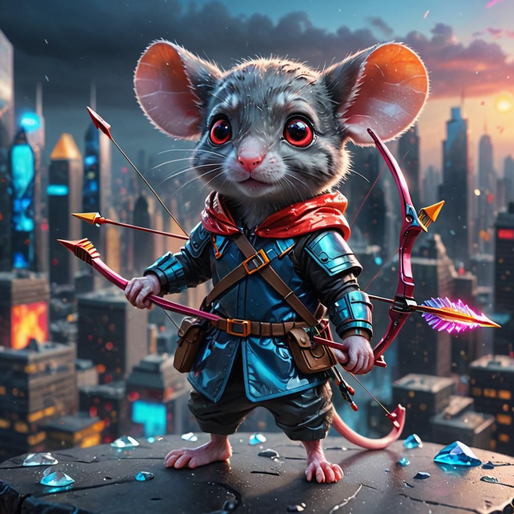 Adorable Mouse Hawkeye in Futuristic Cityscape