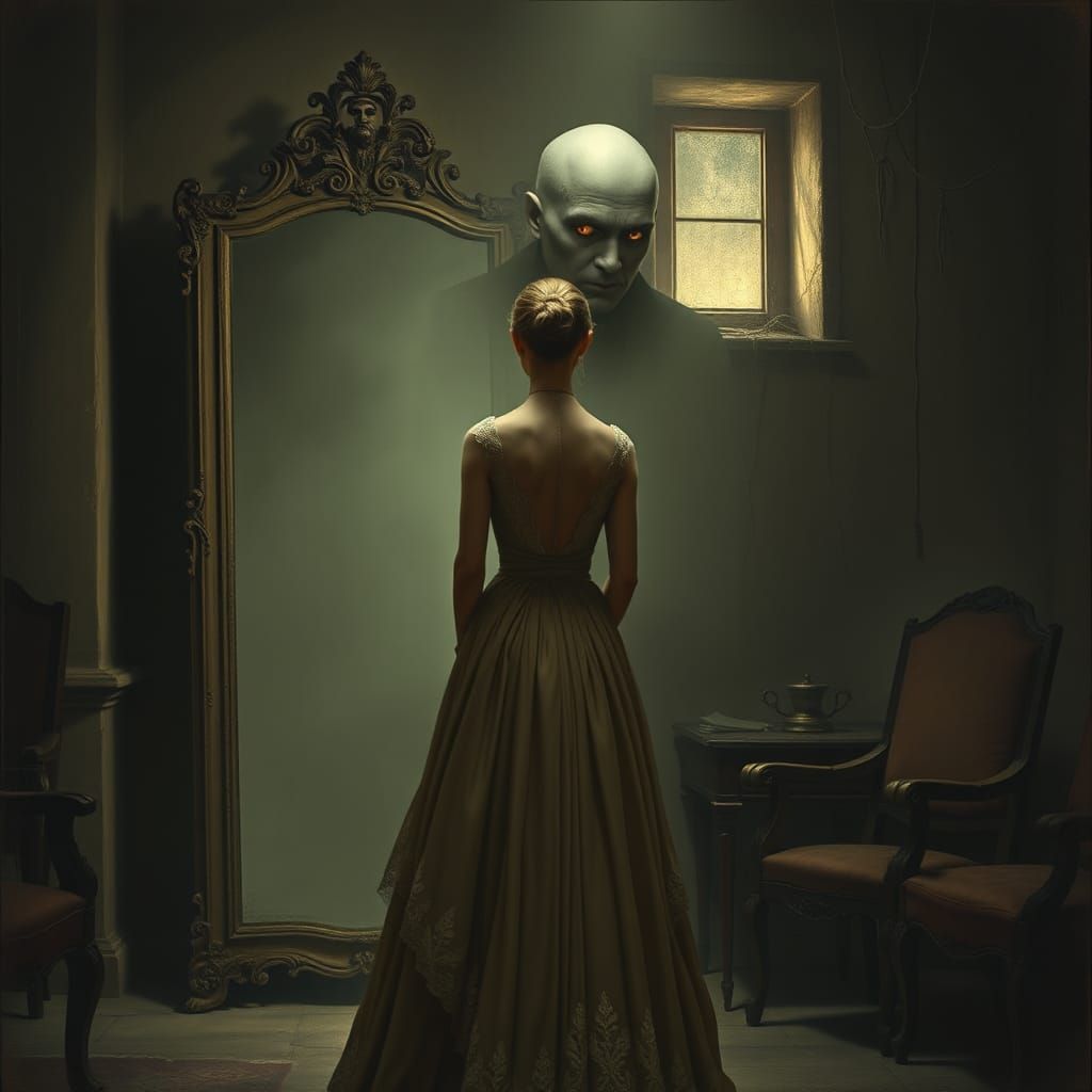 Ethereal Woman and Ghost in Ornate Mirror