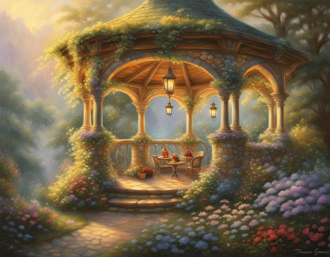 Fantasy Gazebo with Fairy and Elves, Oil Painting