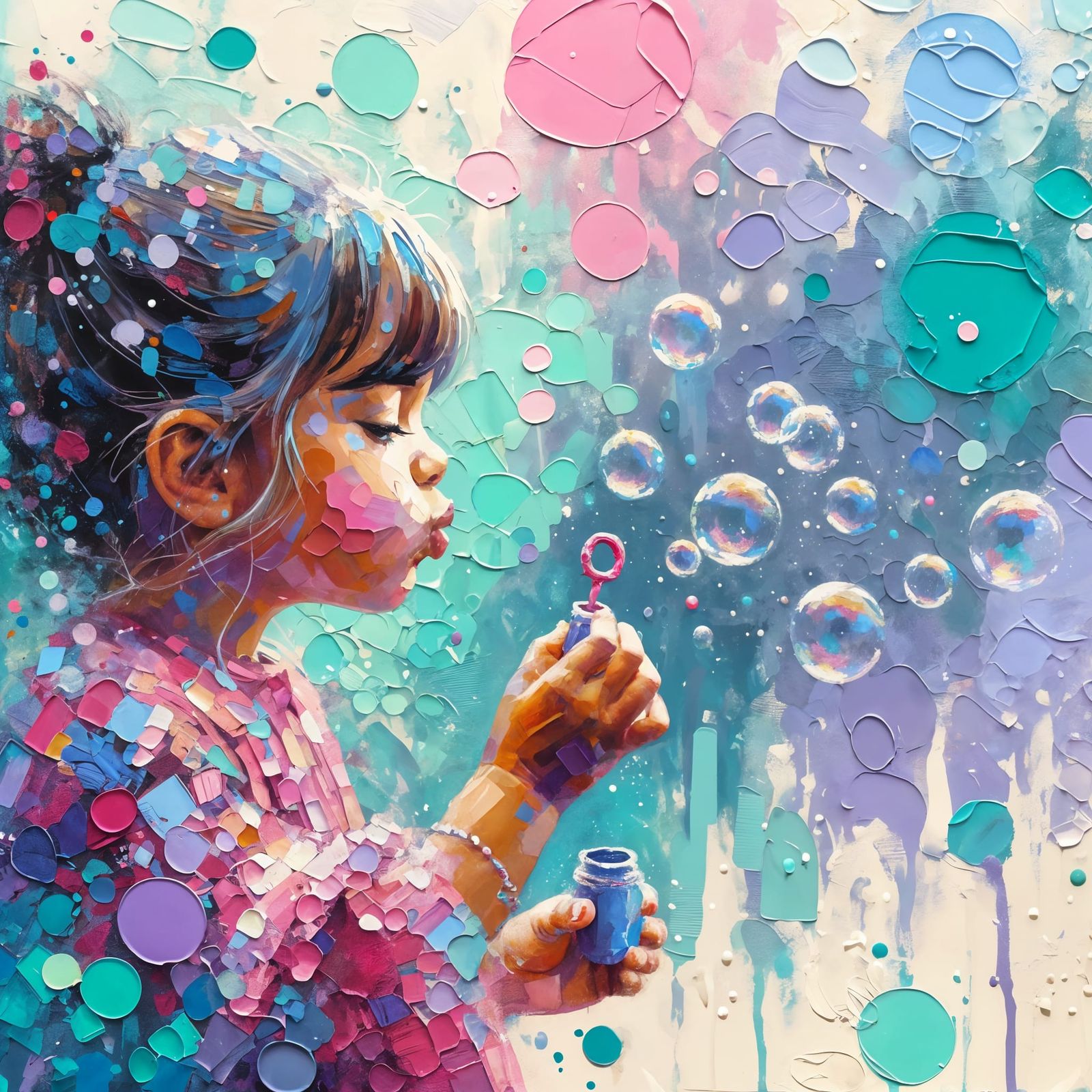 Enchanting Impasto Painting of Latina Girl Blowing Bubbles w...