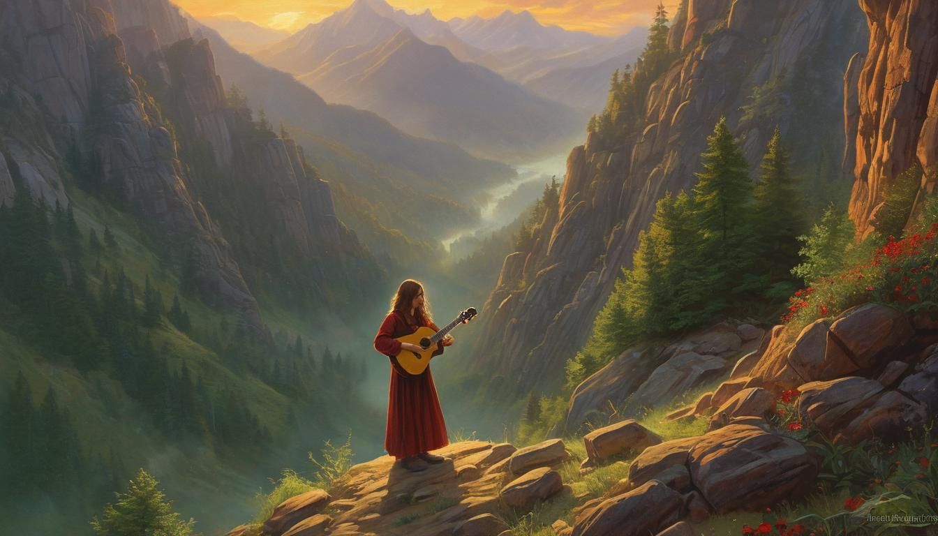 Resilient Guitarist in Misty Mountainside Scene