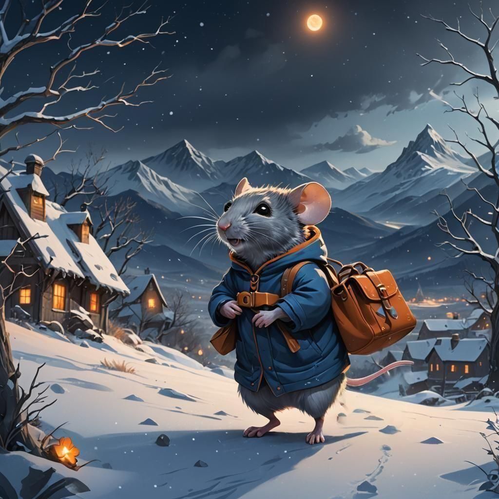 Mouse in Blizzard: Snowy Windswept Valley at Night