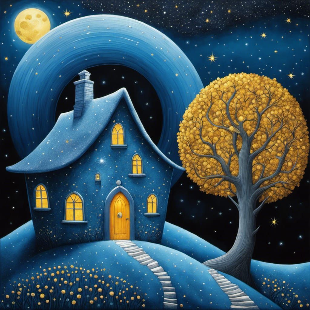 Sparkly Lunar House in Blue Starry Landscape